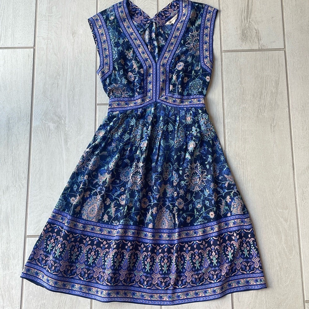 Rebecca Taylor Blue Boho Floral Silk V-Neck Fit & Flare Dress Size 0 - Picture 4 of 13